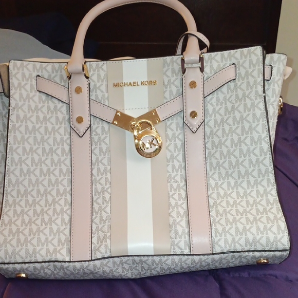 Michael Kors Gray and White Satchel with Gold Hardware